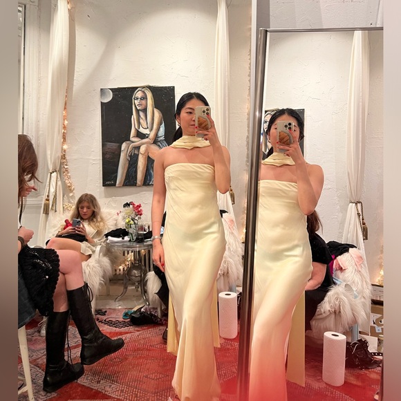 Dana Foley Yellow Evening silk Tube Dress with scarf brand new - Picture 4 of 4